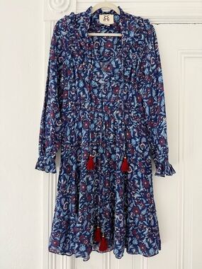 Figue Boho Floral Long-Sleeve Dress with Tassel Ties - Blue